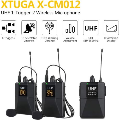  XTUGA X-CM012 UHF Dual Wireless Lavalier Microphone, UHF Lapel Mic System with 16 Selectable Channels Come with Two 3.5mm Cables up to 164ft Range for DSLR Camera/DV/Camcorders/Aud