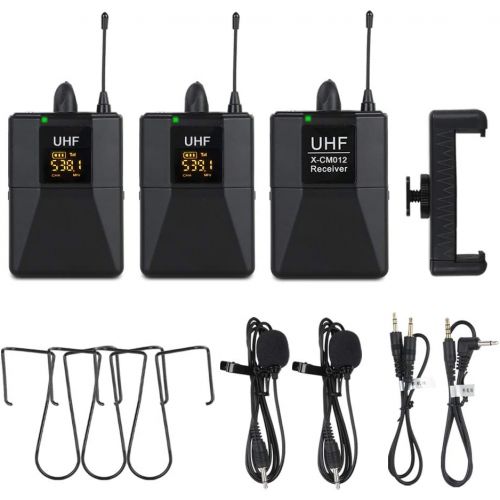  XTUGA X-CM012 UHF Dual Wireless Lavalier Microphone, UHF Lapel Mic System with 16 Selectable Channels Come with Two 3.5mm Cables up to 164ft Range for DSLR Camera/DV/Camcorders/Aud