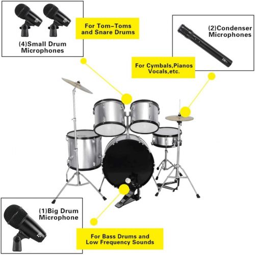  [아마존베스트]XTUGA New MI7 7-Piece Wired Dynamic Drum Mic Kit (Whole Metal)- Kick Bass, Tom/Snare & Cymbals Microphone Set - Use for Drums, Vocal, Other Instrument Complete with Thread Clip, In