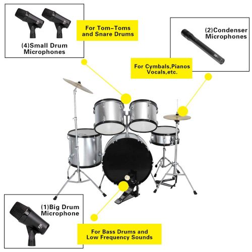  XTUGA MI7 7-Piece Wired Dynamic Drum Mic Kit (Whole Metal)- Kick Bass, TomSnare & Cymbals Microphone Set - Use For Drums, Vocal, Other Instrument Complete with Thread Clip, Insert
