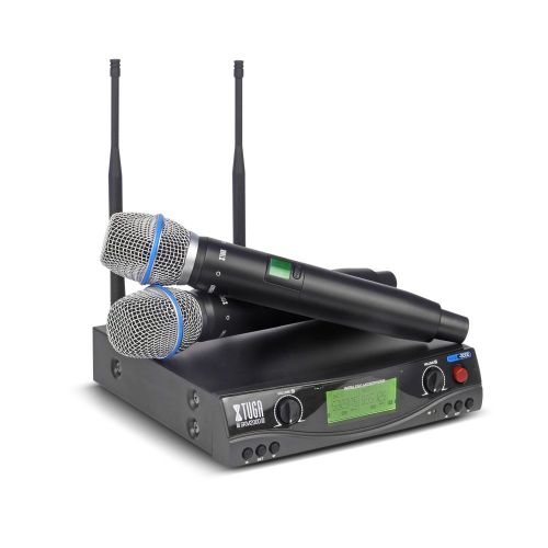  XTUGA Xtuga SKM2000 Dual Channel UHF Wireless Microphone System with Selectable Frequencies Prevent Interference, Use for Family Party, Church, Small Karaoke Night (Range:180-250Ft)