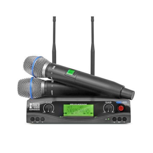  XTUGA Xtuga SKM2000 Dual Channel UHF Wireless Microphone System with Selectable Frequencies Prevent Interference, Use for Family Party, Church, Small Karaoke Night (Range:180-250Ft)