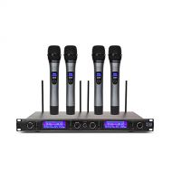 XTUGA Xtuga UHF 4 Channel Wireless Handheld Microphone System UHF Wireless Microphone System metal receiver with 4 Handheld for Stage Church Use for Family Party, Church, Small Karaoke N