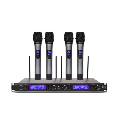  XTUGA Xtuga UHF 4 Channel Wireless Handheld Microphone System UHF Wireless Microphone System metal receiver with 4 Handheld for Stage Church Use for Family Party, Church, Small Karaoke N