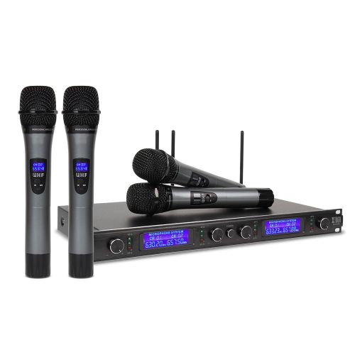  XTUGA Xtuga UHF 4 Channel Wireless Handheld Microphone System UHF Wireless Microphone System metal receiver with 4 Handheld for Stage Church Use for Family Party, Church, Small Karaoke N