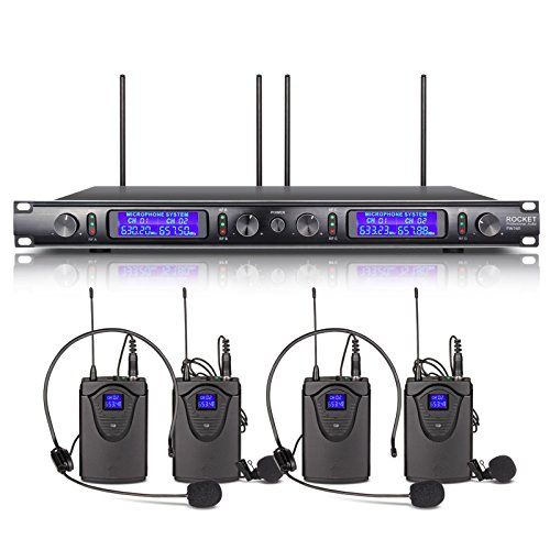 XTUGA EW240 UHF Rocket Audio 4 Channel Wireless Microphone System UHF Wireless Microphone System metal receiver with 4 bodapack for Stage Church Use for Family Party, Church, Small