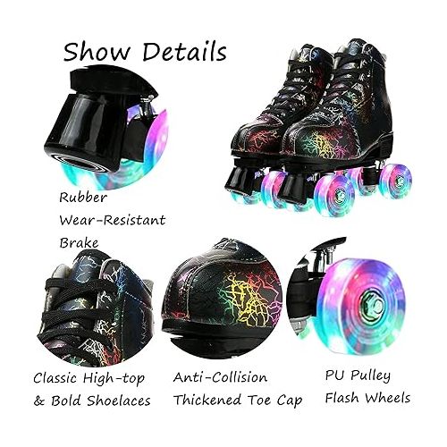  Unisex Roller Skates Double Row Four Wheels High-top Roller Skates Lightning Pattern for Beginners Womens Mens Boys and Girls