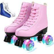 Roller Skates for Women Men Cozy PU Leather High-top Roller Skates for Beginner Double-Row PU Wheels, Professional Indoor Outdoor Roller Skates with Shoes Bag