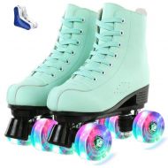 XUDREZ Roller Skates for Women Cozy Green PU Leather High-top Roller Skates for Beginner, Indoor Outdoor Double-Row Roller Skates with Shoes Bag