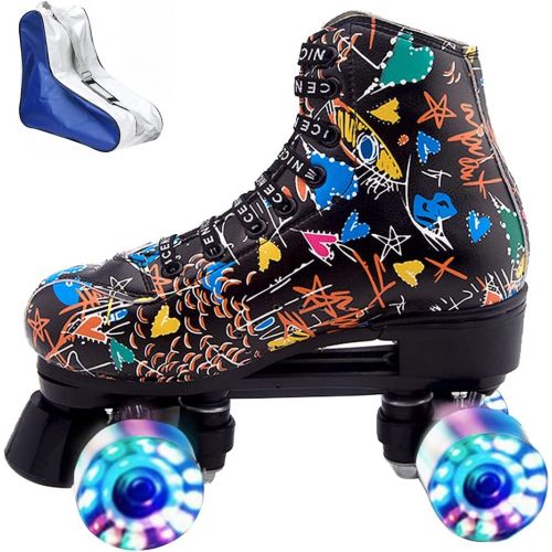  XUDREZ Roller Skates for Women Men Microfiber Leather Fashion Roller Skates Shiny Four Wheels Roller Skates High-top Roller Skates