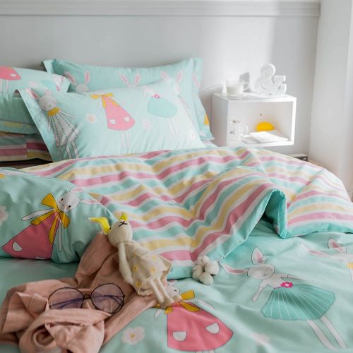  XUKEJU Reversible 3 Pieces Rabbit Princess Duvet Cover Cartoon Animal Print Bedding Set 100% Cotton Quilt Cover Full/Queen Size Boys/Girls