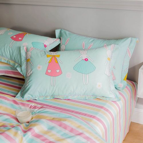  XUKEJU Reversible 3 Pieces Rabbit Princess Duvet Cover Cartoon Animal Print Bedding Set 100% Cotton Quilt Cover Full/Queen Size Boys/Girls