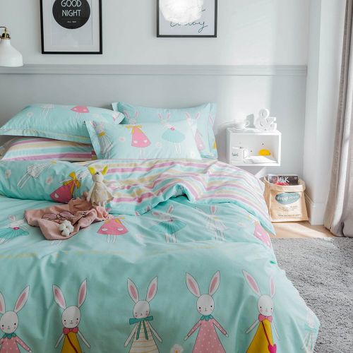  XUKEJU Reversible 3 Pieces Rabbit Princess Duvet Cover Cartoon Animal Print Bedding Set 100% Cotton Quilt Cover Full/Queen Size Boys/Girls