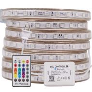 XUNATA LED Strip Lights, Bluetooth Control RGB 110-120V SMD 5050 60 LEDs/m Waterproof Rope Light Strip with 24Key IR Remote, Work with iOS & Android Music Time Control System(33ft/