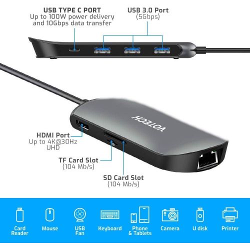  [아마존핫딜][아마존 핫딜] XXBSAZ USB C Hub 8 in 1 Adapter with HDMI, Type C PD Charging, 3 USB 3.0 Ports, Ethernet, SD TF Card Reader, for MacBook/Pro/Air, iPad Pro, USB C Devices, Grey