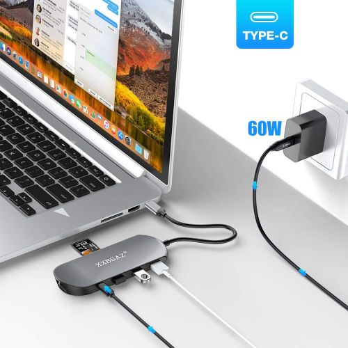  USB C Hub, USB C Adapter, XXBSAZ 8 in 1 Thunderbolt 3 Hub Dongle with 4K HDMI, Type C Charging Port, Ethernet, 3 USB 3.0 Ports, SD TF Card Reader for MacBook Pro 2018 and More USB