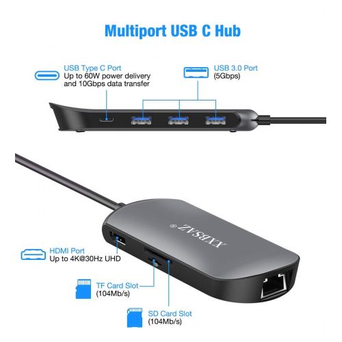  USB C Hub, USB C Adapter, XXBSAZ 8 in 1 Thunderbolt 3 Hub Dongle with 4K HDMI, Type C Charging Port, Ethernet, 3 USB 3.0 Ports, SD TF Card Reader for MacBook Pro 2018 and More USB