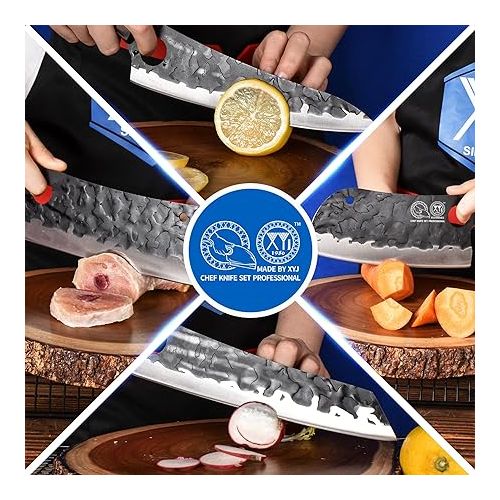  XYJ Professional Kitchen Knife Set with High-Carbon Steel Forged Blades, Chef's Knife, Cleaver, Carving Knife, Nakiri, Full Tang Design, Includes Carrying Bag & Poultry Scissors