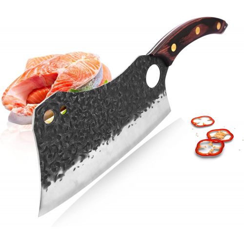  XYJ 7 Inch Heavy Duty Cleaver Knife Full Tang Stainless Steel Large Handmade Blade Serbian Butcher Knife With Wood Handle For Chopping Vegetable Meat Fish