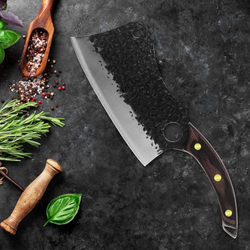  XYJ 7 Inch Heavy Duty Cleaver Knife Full Tang Stainless Steel Large Handmade Blade Serbian Butcher Knife With Wood Handle For Chopping Vegetable Meat Fish