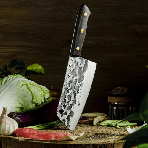  XYJ Full Tang Asian Vegetable Knife 7 Inch Chef Butcher Knife Hammer Finish Blade Non-stick Vegetable Chopper Meat Cleavers With Non-slip Pakkawood Handle