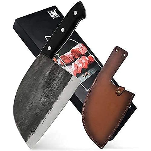  XYJ Full Tang Handmade Forged Serbian Chef Knife 6.7 Inch Butcher Knives 6.2 inch Boning Knife for Camping Hunting with Leather Sleeves