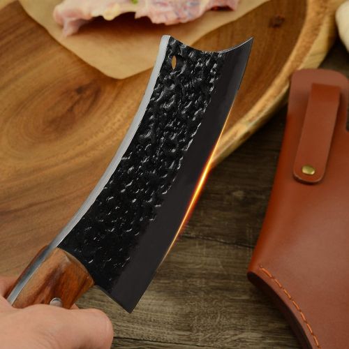  XYJ Full Tang Handmade Forged Serbian Chef Knife 6.7 Inch Butcher Knives 6.2 inch Boning Knife for Camping Hunting with Leather Sleeves