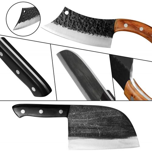  XYJ Full Tang Handmade Forged Serbian Chef Knife 6.7 Inch Butcher Knives 6.2 inch Boning Knife for Camping Hunting with Leather Sleeves