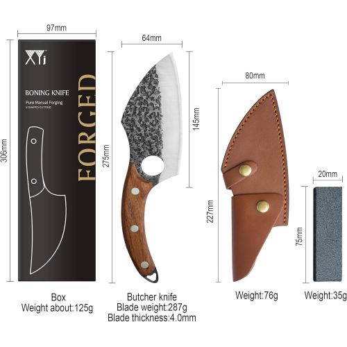  XYJ 6 inch Boning Knife Full Tang Handmade Forging Carving Knife 4Cr13 Stainless Steel Blade with Soft Leather Sleeves for Carrying Out