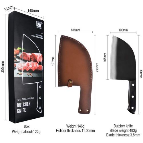  XYJ Kitchen Knife Camping Knife Full Tang Butcher Knife 3cr13 Stainless Steel Serbian Chef Knife Meat Vegetable Knives Leather Sheath with Belt Loop Easy Carry