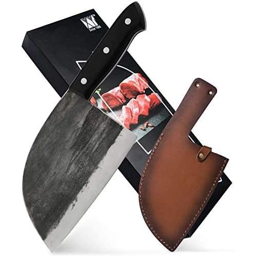  [아마존베스트]XYJ Full Tang Butcher Knife Handmade Forged Kitchen Chef Knife High Carbon Clad Steel Butcher Cleaver with Leather Knife Sheath