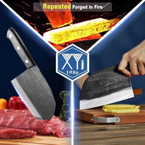  [아마존베스트]XYJ Full Tang Butcher Knife Handmade Forged Kitchen Chef Knife High Carbon Clad Steel Butcher Cleaver with Leather Knife Sheath