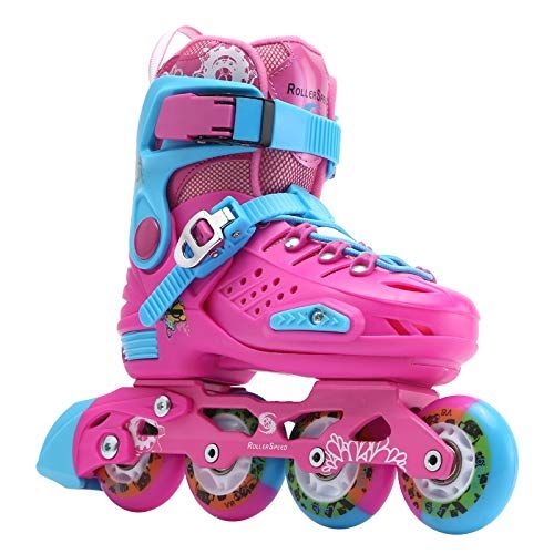  XYUJIE Rollschuhe Kinder Flat Flower Hard Shell Skates Blue Pink