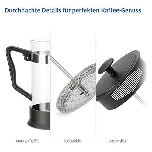  Xavax Kaffeebereiter aus Glas (French Press fuer 1 Liter / 1000ml, Cafetiere mit Edelstahl Filter fuer Kaffee oder Tee, spuelmaschinenfester Teebereiter) schwarz