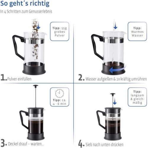  Xavax Kaffeebereiter aus Glas (French Press fuer 1 Liter / 1000ml, Cafetiere mit Edelstahl Filter fuer Kaffee oder Tee, spuelmaschinenfester Teebereiter) schwarz