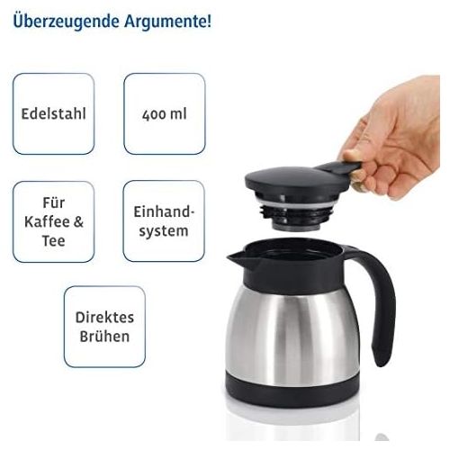  Xavax Isolierkanne 400 ml (kleine Kaffeekanne/Teekanne aus Edelstahl, Thermokanne mit Einhandbedinung und Griff) silber schwarz