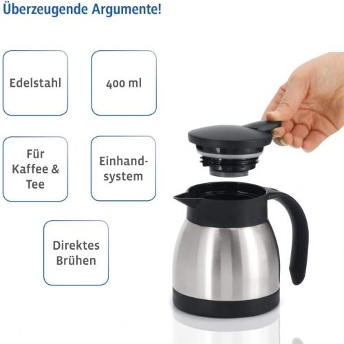  Xavax Isolierkanne 400 ml (kleine Kaffeekanne/Teekanne aus Edelstahl, Thermokanne mit Einhandbedinung und Griff) silber schwarz