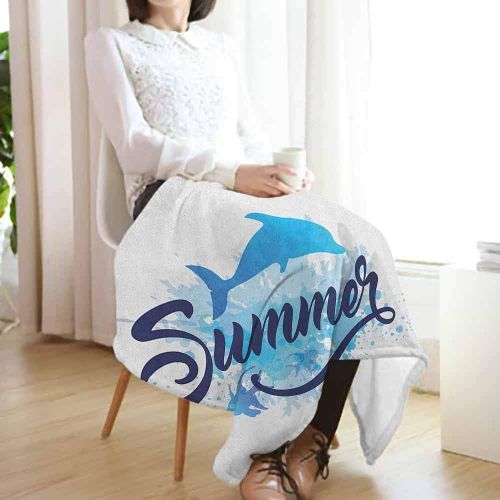  Xaviera Doherty Custom Design Cozy Flannel Blanket Dolphin Abstract Summer Lettering with Fish and Dolphin with Color Splashes Image，Dark Blue Pale Blue Suitable for Sofas Chairs b