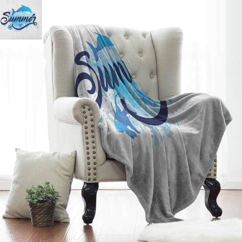  Xaviera Doherty Custom Design Cozy Flannel Blanket Dolphin Abstract Summer Lettering with Fish and Dolphin with Color Splashes Image，Dark Blue Pale Blue Suitable for Sofas Chairs b