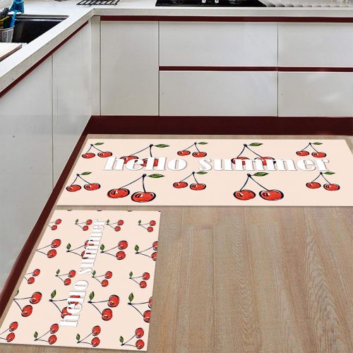  Xbacking Kitchen Mat Set 2 Piece Waterproof Kitchen Rugs Soft Non-Slip Rubber Back Floor Mats Simple Hand-Painted Cherry Hello Summer Doormat Bathroom Runner (15.7x23.6+15.7x47.2)