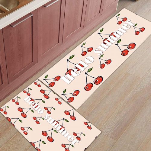  Xbacking Kitchen Mat Set 2 Piece Waterproof Kitchen Rugs Soft Non-Slip Rubber Back Floor Mats Simple Hand-Painted Cherry Hello Summer Doormat Bathroom Runner (15.7x23.6+15.7x47.2)