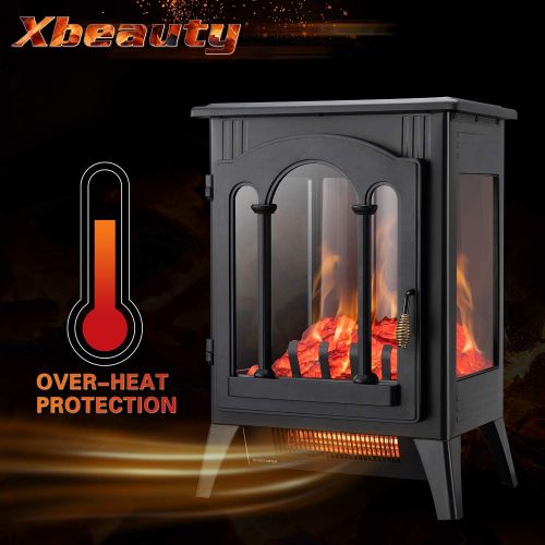  [아마존베스트]Xbeauty Electric Fireplace Stove, Freestanding Fireplace Heater with Realistic Flame, Indoor Electric Stove Heater, Portable, Infrared, Thermostat, Overheating Safety System, 1000W