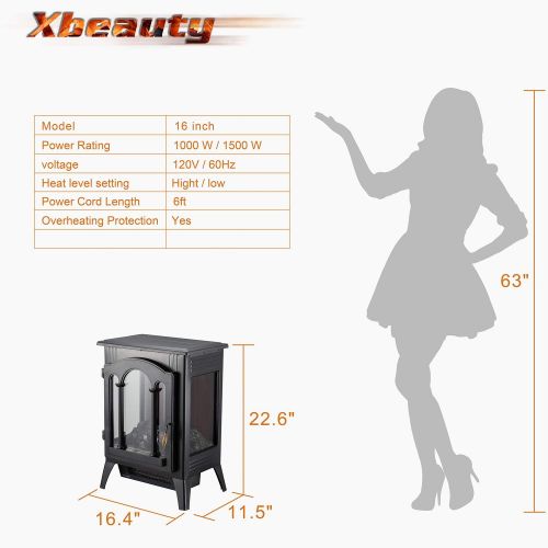  [아마존베스트]Xbeauty Electric Fireplace Stove, Freestanding Fireplace Heater with Realistic Flame, Indoor Electric Stove Heater, Portable, Infrared, Thermostat, Overheating Safety System, 1000W