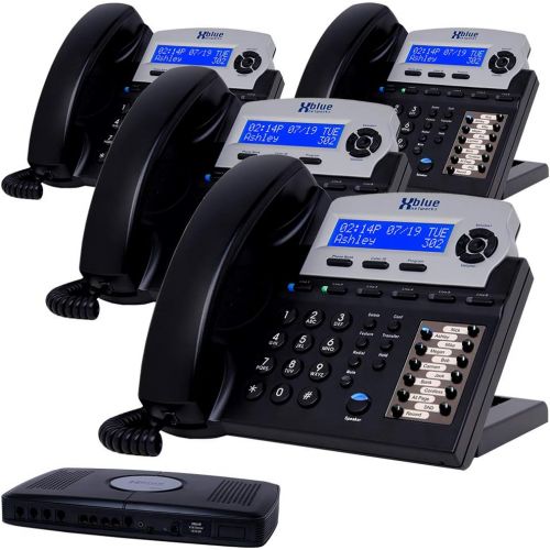  Xblue X16, Small Office Phone System with 4 Charcoal X16 Telephones - Auto Attendant, Voicemail, Caller ID, Paging & Intercom