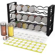 X-cosrack 3 Tier Stackable Spice Holder Storage Rack Wall Hanging Mount with 18 Glass Empty Jars & 48 Labels Stackable or 3 Rack Independent Use Freestanding Black Frosted Iron Seasoning Con