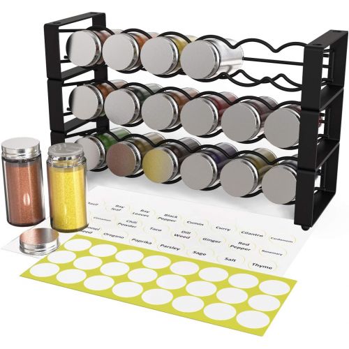  X-cosrack 3 Tier Stackable Spice Holder Storage Rack Wall Hanging Mount with 18 Glass Empty Jars & 48 Labels Stackable or 3 Rack Independent Use Freestanding Black Frosted Iron Seasoning Con