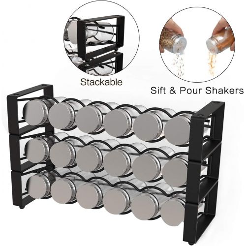  X-cosrack 3 Tier Stackable Spice Holder Storage Rack Wall Hanging Mount with 18 Glass Empty Jars & 48 Labels Stackable or 3 Rack Independent Use Freestanding Black Frosted Iron Seasoning Con