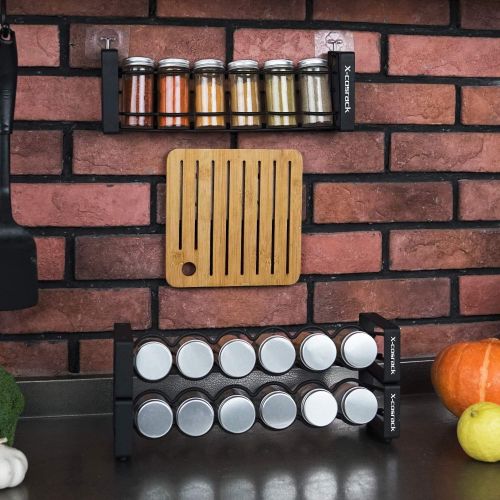  X-cosrack 3 Tier Stackable Spice Holder Storage Rack Wall Hanging Mount with 18 Glass Empty Jars & 48 Labels Stackable or 3 Rack Independent Use Freestanding Black Frosted Iron Seasoning Con