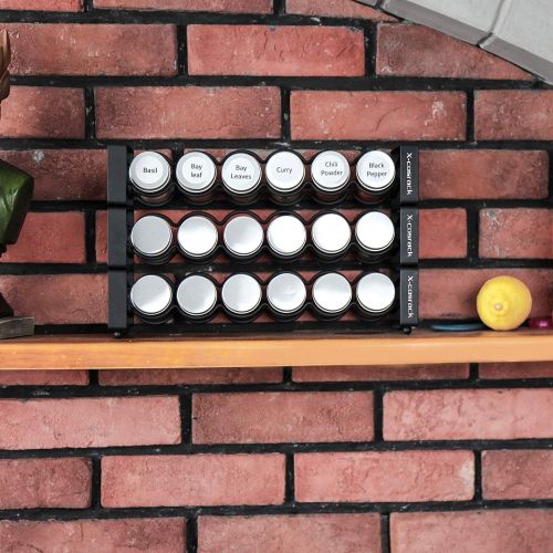  X-cosrack 3 Tier Stackable Spice Holder Storage Rack Wall Hanging Mount with 18 Glass Empty Jars & 48 Labels Stackable or 3 Rack Independent Use Freestanding Black Frosted Iron Seasoning Con