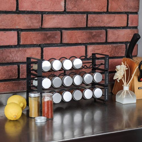  X-cosrack 3 Tier Stackable Spice Holder Storage Rack Wall Hanging Mount with 18 Glass Empty Jars & 48 Labels Stackable or 3 Rack Independent Use Freestanding Black Frosted Iron Seasoning Con